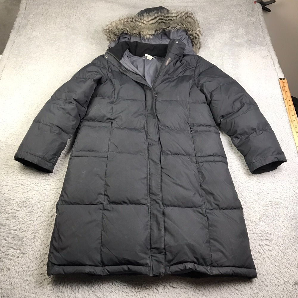 Garnet Hill Parka Jacket Womens 4 Black Down Insulated Faux Fur Hooded Puffer